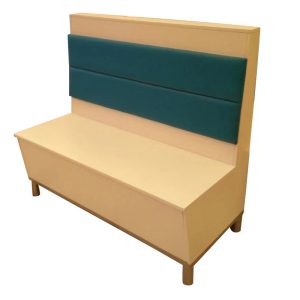 Deep Teal Segmented Upholstered Restaurant Booth Seating with Beige Panel Frame & Wooden Legs