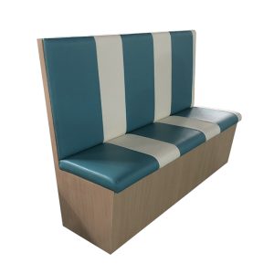 Teal & White Vertical Striped PU Leather Restaurant Booth Seating with Light Wood Grain Frame