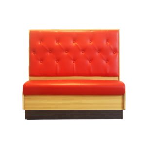 Bright Red Button-Tufted PU Leather Restaurant Booth Seating with Light Yellow Wood Grain Frame & Dark Brown Base