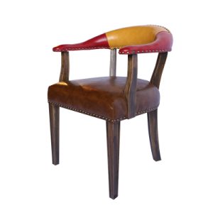 Vintage Three-Tone PU Leather Arm Chair with Rivet Trim & Solid Wood Legs
