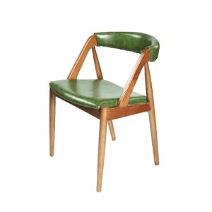 Mid-Century Green PU Leather Dining Chair with Natural Solid Wood Frame