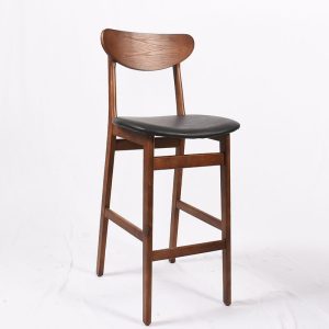 Mid-Century Solid Wood Bar Stool with Black PU Leather Seat