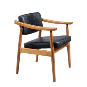 Mid-Century Modern Solid Wood Arm Chair with Black PU Leather Upholstery