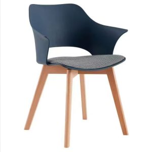 Modern Blue Arm Dining Chair with Fabric Seat - Solid Wood Legs