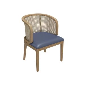 Rattan Arm Dining Chair with Blue PU Leather Seat - Solid Wood Frame