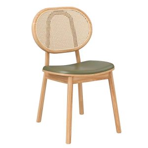 Rattan Back Dining Chair with Green PU Leather Seat - Solid Wood Frame