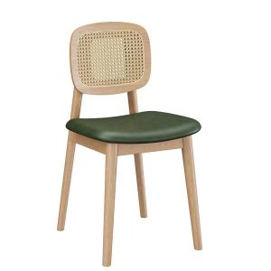 Natural Rattan Back Dining Chair with Green PU Leather Seat - Solid Wood Frame