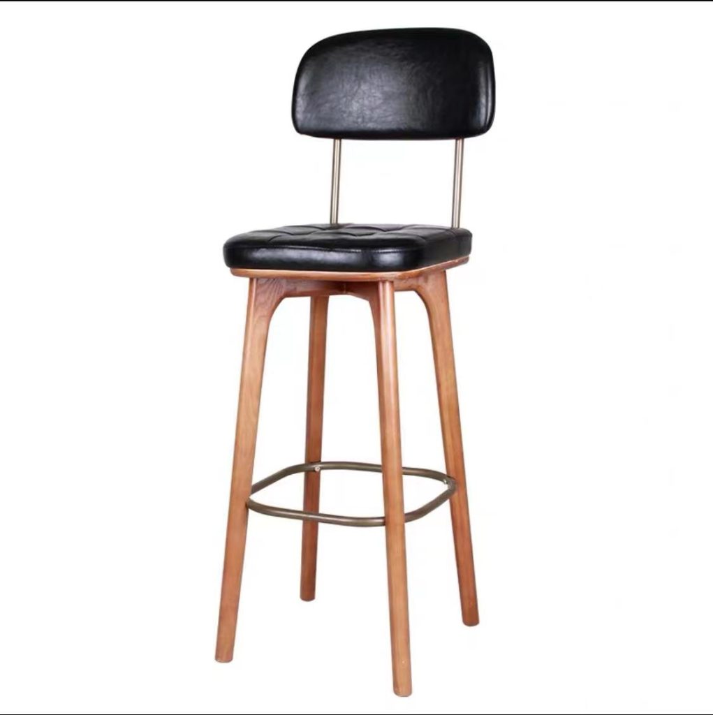 Black leatherette and wooden bar stool with metal accents