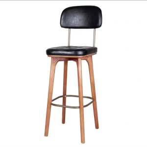 Vintage Upholstered Bar Stool with Solid Wood Legs - Black PU Leather Bar Chair