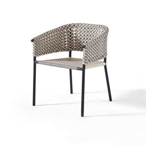 Outdoor Woven Rope Armchair with Black Metal Legs and Grey-White Woven Texture
