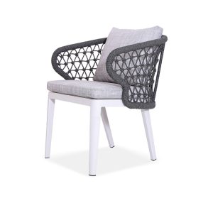 Outdoor Woven Rope Armchair with White Metal Legs and Dark Grey Geometric Rope Weaving
