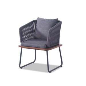Outdoor Woven Rope Armchair with Dark Grey Metal Frame, Wood Trim and Fabric Cushion