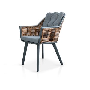 Outdoor Woven Rattan Armchair with Dark Grey Metal Legs and Grey Fabric Cushion