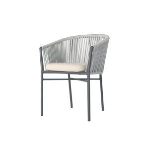 Outdoor Woven Rope Armchair with Dark Grey Metal Frame and Beige Fabric Cushion