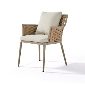 Outdoor Woven Rattan Armchair with Light Khaki Metal Frame and Fabric Cushion