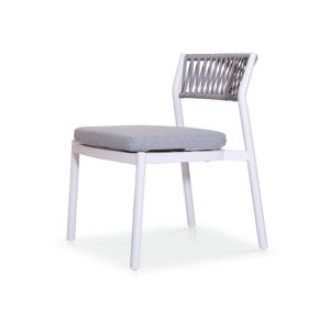 Outdoor Woven Rope Dining Chair with White Metal Frame and Fabric Cushion
