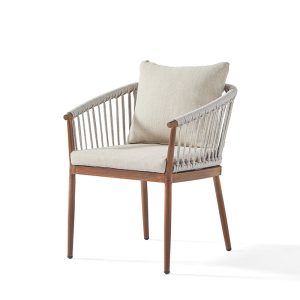 Outdoor Woven Rope Armchair with Walnut Wood Finish Frame