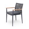 Outdoor Woven Rope Armchair with Dark Grey Metal Frame, Wooden Armrests and Fabric Cushion