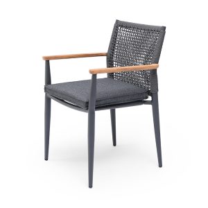 Outdoor Woven Rope Armchair with Dark Grey Metal Frame, Wooden Armrests and Fabric Cushion
