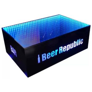 LED-lit commercial bar table, black surface with blue lighting