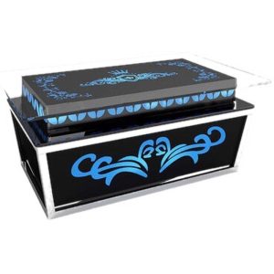 Black glass display case with blue accents, suitable for commercial use