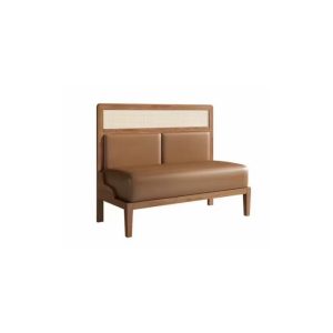 Modern commercial banquette seating with light wood frame, cane back, and tan faux leather upholstery for restaurants.