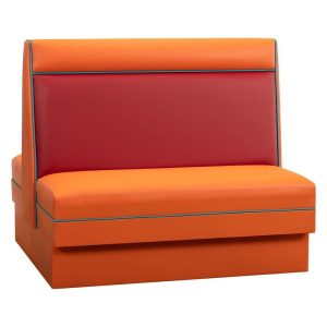 Vibrant orange and red commercial diner booth seating with teal piping, ideal for retro cafes and restaurants.