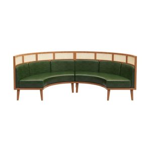 Curved commercial banquette with wood frame, cane back, and green upholstery for restaurant or hotel dining.