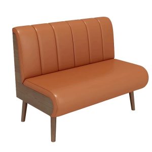 Tan upholstered commercial restaurant booth with vertical channel tufting and natural wood base.