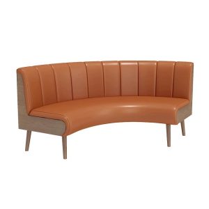 Curved commercial booth seating with brown upholstered back, channel tufting, and light wood frame for restaurants.