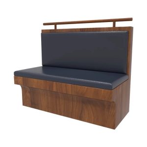 Dark blue upholstered commercial banquette seating with a rich wood frame and top rail, ideal for restaurant interiors.