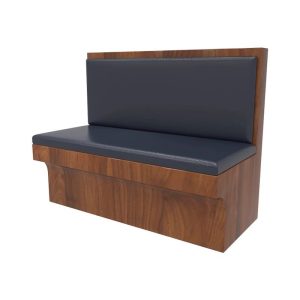 Modern commercial wood and dark blue vinyl booth seating for restaurant dining.