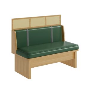 Green upholstered commercial booth with wooden frame and cane back for restaurants.