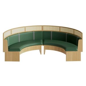 Curved commercial booth seating with green leather and wood