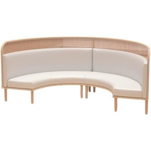 Curved commercial sofa set with light wood frame and leatherette upholstery