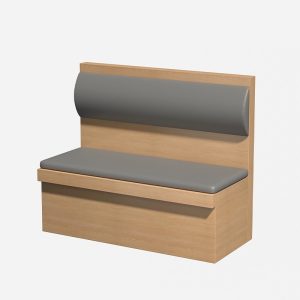 Wooden bench with gray fabric cushioning