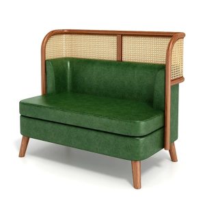 Green leather loveseat with rattan backrest, suitable for commercial use