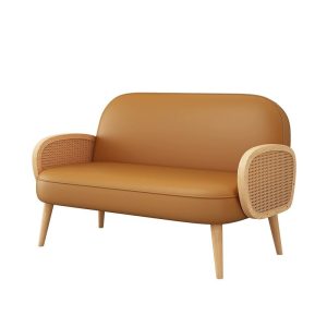 Tan leather loveseat with wood armrests and legs