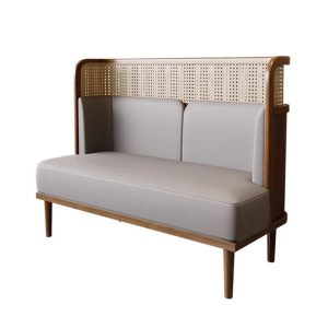 Grey leather loveseat with wooden frame, ideal for commercial spaces