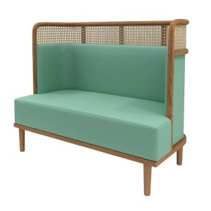 Teal fabric sofa with wooden backrest, ideal for commercial environments