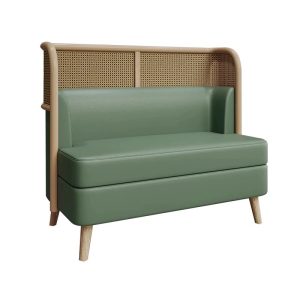 Green leather loveseat with rattan backrest, suitable for commercial use