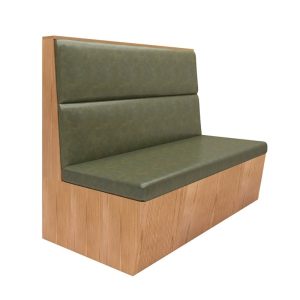 Green leather upholstered wooden booth seat