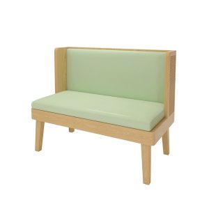 Green upholstered wooden bench suitable for commercial environments