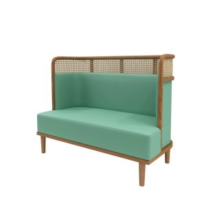 Teal upholstered sofa with cane backrest, perfect for commercial use