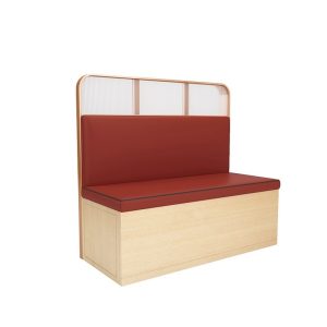 Commercial grade wooden bench with red leather cushioning