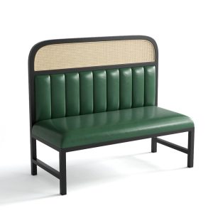 Green leather dining bench with black metal frame
