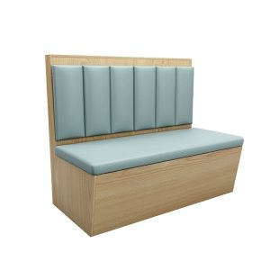 Light wood and muted blue fabric commercial booth seating