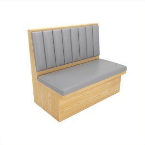 Light-colored wooden frame with grey leather upholstery banquettes