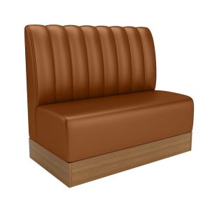 Brown leather upholstered commercial booth seating with wooden base