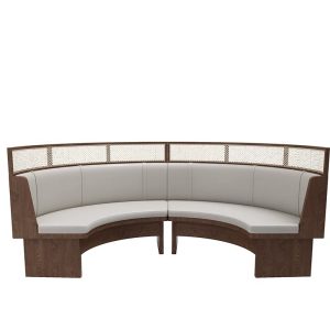 Curved wooden booth seating with mesh backrest, suitable for commercial environments